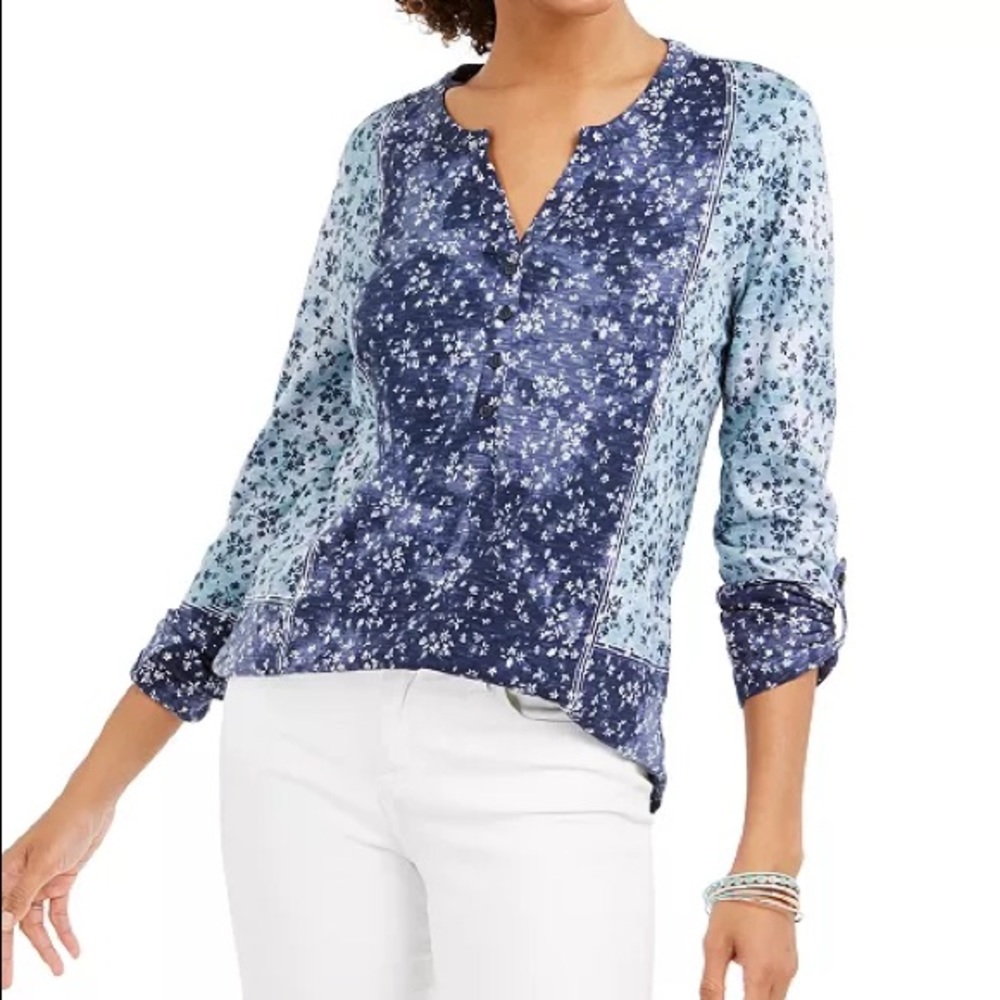 Style & Co Ditsy Floral Printed Split Neck Top